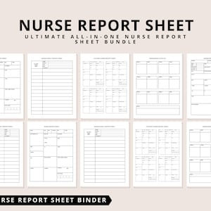 Op de afbeelding: Een set afdrukbare verpleegverslagen in een map. De bladen zijn ontworpen voor verpleegkundigen om patiënteninformatie vast te leggen, inclusief vitale functies, medicijnen en behandelingen.
