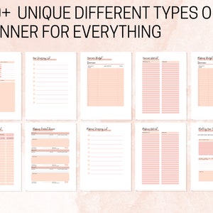 May include: A printable planner with 290+ unique pages for different types of planning. The pages are designed with a pink and white color scheme and include sections for budgeting, shopping lists, and more.
