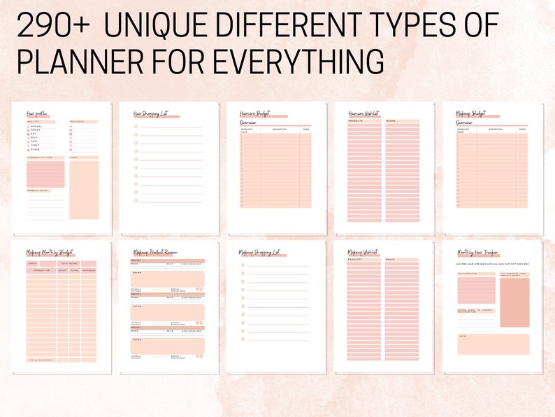 May include: A printable planner with 290+ unique pages for different types of planning. The pages are designed with a pink and white color scheme and include sections for budgeting, shopping lists, and more.