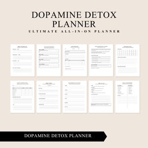 Könnte beinhalten: Ein Dopamin-Detox-Planer mit dem Text "DOPAMINE DETOX PLANNER" und "ULTIMATE ALL-IN-ONE PLANNER" oben. Das Bild zeigt zehn weiße Seiten mit schwarzem Text, die verschiedene Vorlagen für die tägliche Planung, Fortschrittsverfolgung und Zielsetzung enthalten.