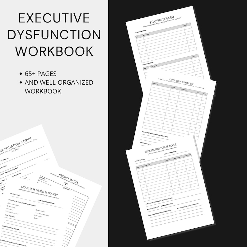 May include: A white workbook titled "EXECUTIVE DYSFUNCTION WORKBOOK" with the text "65+ PAGES" and "AND WELL-ORGANIZED WORKBOOK." Several open workbooks with lined pages are visible, including a "ROUTINE BUILDER" and "TASK MOMENTUM TRACKER."