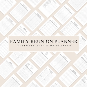 May include: A collection of white paper planner pages with black text and grid lines, featuring a central beige rectangular banner with the black text FAMILY REUNION PLANNER ULTIMATE ALL-IN-ON PLANNER, organized in a repeating diagonal pattern.