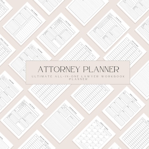 Könnte beinhalten: Ein Anwaltsplaner mit verschiedenen Seiten für das Fallmanagement, einschließlich Tages-, Wochen- und Monatsplanung, Fallnotizen und Interviewnotizen. Der Planer ist weiß mit schwarzen Rasterlinien und Text, mit dem Titel "ATTORNEY PLANNER".