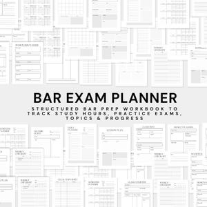 Puede incluir: Una colección de páginas imprimibles de un planificador de examen de abogacía en blanco y negro. El texto "BAR EXAM PLANNER" se muestra de forma destacada, con texto adicional que describe la función del planificador. Se ven varias plantillas de planificación.