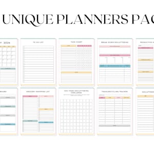 May include: A set of printable planner pages featuring a range of layouts and designs. The pages include a calendar, to-do list, task chart, decluttering tracker, habit tracker, vision board, grocery list, and more. The pages are designed in a minimalist style with pastel colours.