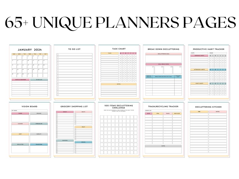 May include: A set of printable planner pages featuring a range of layouts and designs. The pages include a calendar, to-do list, task chart, decluttering tracker, habit tracker, vision board, grocery list, and more. The pages are designed in a minimalist style with pastel colours.