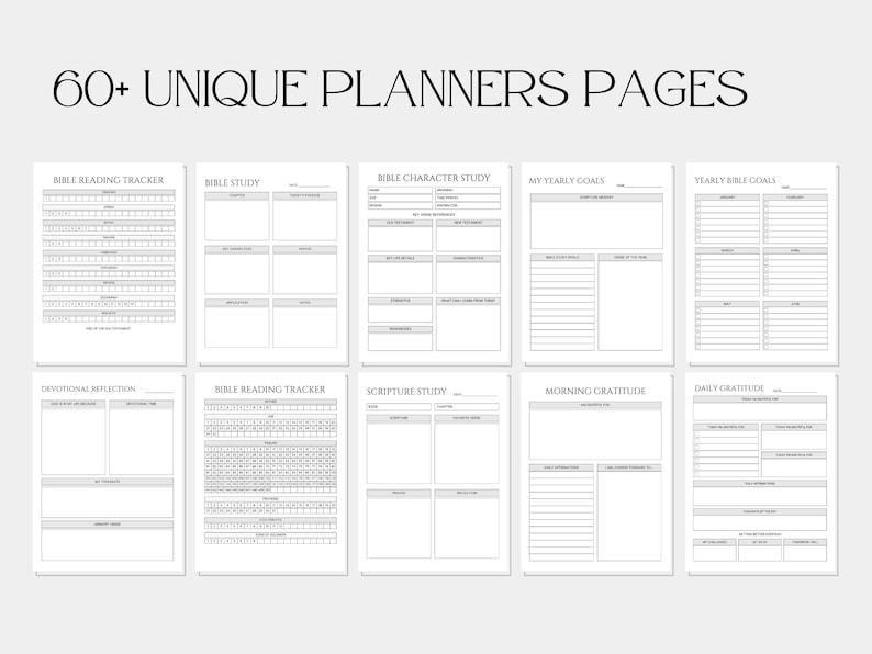 May include: A set of printable planner pages with a variety of themes, including Bible reading trackers, scripture study, and gratitude journals. The pages are designed in a minimalist style with black text on a white background.