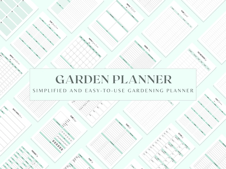May include: A printable garden planner with the text "GARDEN PLANNER" and "SIMPLIFIED AND EASY-TO-USE GARDENING PLANNER". The planner includes pages for monthly calendars, planting schedules, and notes.