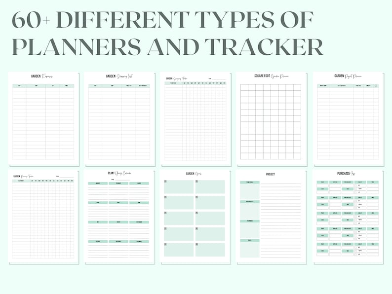May include: A set of printable garden planner pages with titles such as "Garden Expenses", "Planting List", "Square Foot Garden Plan", "Project", and "Purchase Log".