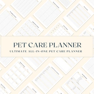 Può includere: Un planner per la cura degli animali domestici stampabile con sfondo bianco e testo nero. Il planner include sezioni per appuntamenti, routine quotidiane, informazioni sugli animali domestici e altro ancora. Il testo "PET CARE PLANNER" e "ULTIMATE ALL-IN-ONE PET CARE PLANNER" è visualizzato al centro dell'immagine.