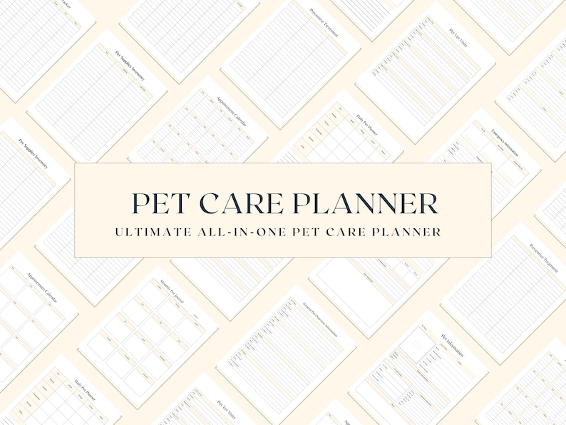 K&ouml;nnte beinhalten: Ein druckbarer Haustier-Pflegeplaner mit wei&szlig;em Hintergrund und schwarzem Text. Der Planer enth&auml;lt Abschnitte f&uuml;r Termine, t&auml;gliche Routinen, Haustierinformationen und mehr. Der Text "PET CARE PLANNER" und "ULTIMATE ALL-IN-ONE PET CARE PLANNER" wird in der Mitte des Bildes angezeigt.