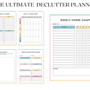 May include: A printable decluttering planner with sections for seasonal chores, family chore sheet, weekly chore chart, safe space, and room makeover planner. The planner features a pastel colour scheme with pink, blue, and yellow accents.