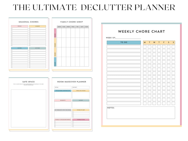 May include: A printable decluttering planner with sections for seasonal chores, family chore sheet, weekly chore chart, safe space, and room makeover planner. The planner features a pastel colour scheme with pink, blue, and yellow accents.