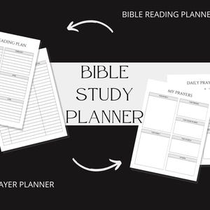May include: Printable Bible study planner with sections for daily prayer, Bible reading plan, and prayer requests. The planner includes a title page with the text "Bible Study Planner".