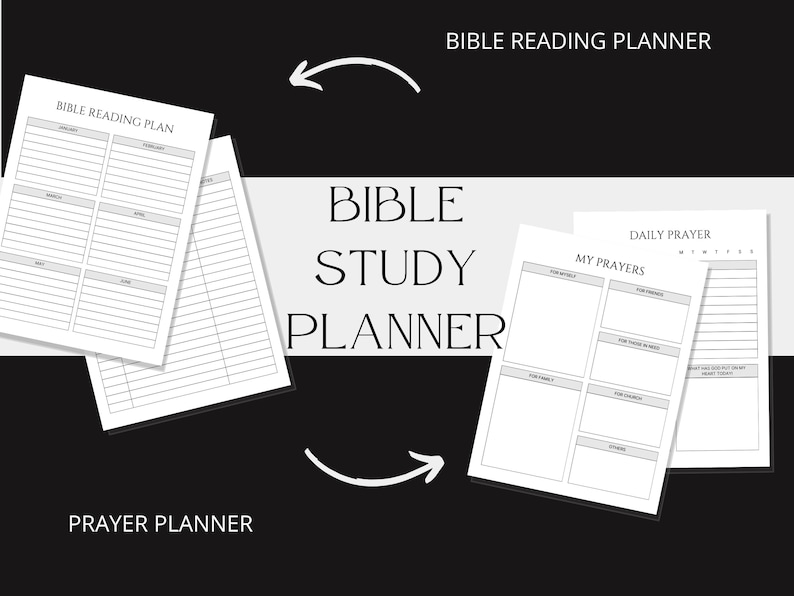 May include: Printable Bible study planner with sections for daily prayer, Bible reading plan, and prayer requests. The planner includes a title page with the text "Bible Study Planner".