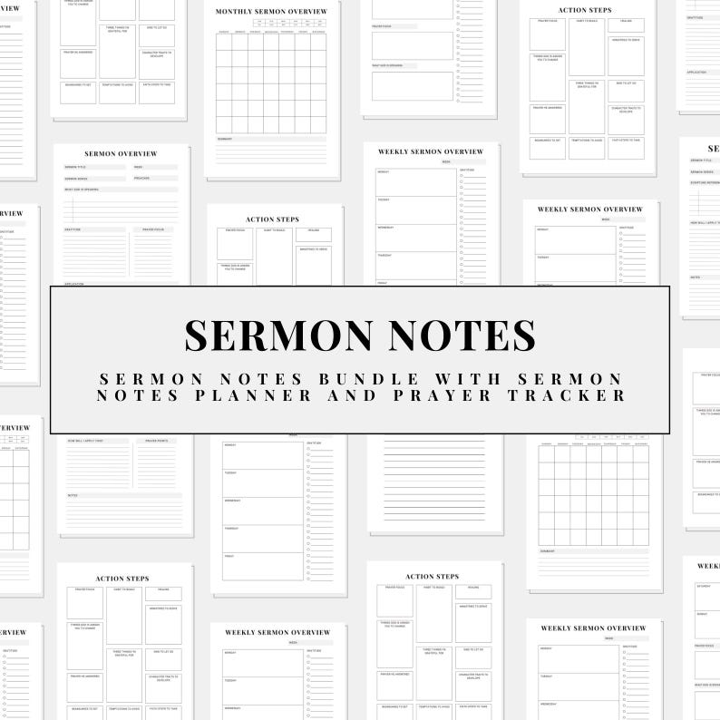 May include: A selection of white paper templates for sermon notes, weekly and monthly overviews, and action steps. The text "SERMON NOTES" is displayed in a prominent banner.