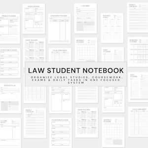 May include: A selection of white paper templates for law students, including planners, trackers, and sheets for notes. The text "LAW STUDENT NOTEBOOK" is displayed prominently, with additional text describing the notebook's purpose.