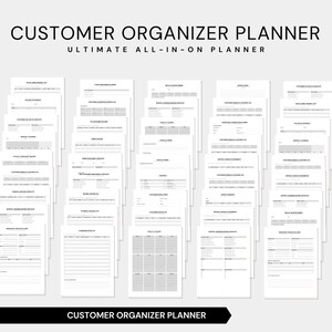 May include: A collection of white paper documents, each with black text, arranged in a fan shape. The text on the top reads "CUSTOMER ORGANIZER PLANNER" and "ULTIMATE ALL-IN-ON PLANNER". The bottom text reads "CUSTOMER ORGANIZER PLANNER".