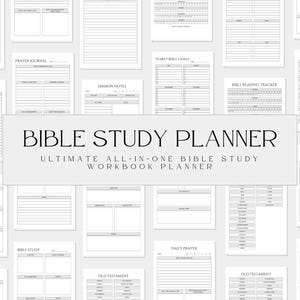 Peut inclure: Un planificateur d'étude biblique imprimable en noir et blanc avec le texte "Bible Study Planner" et "Ultimate All-in-One Bible Study Workbook Planner".