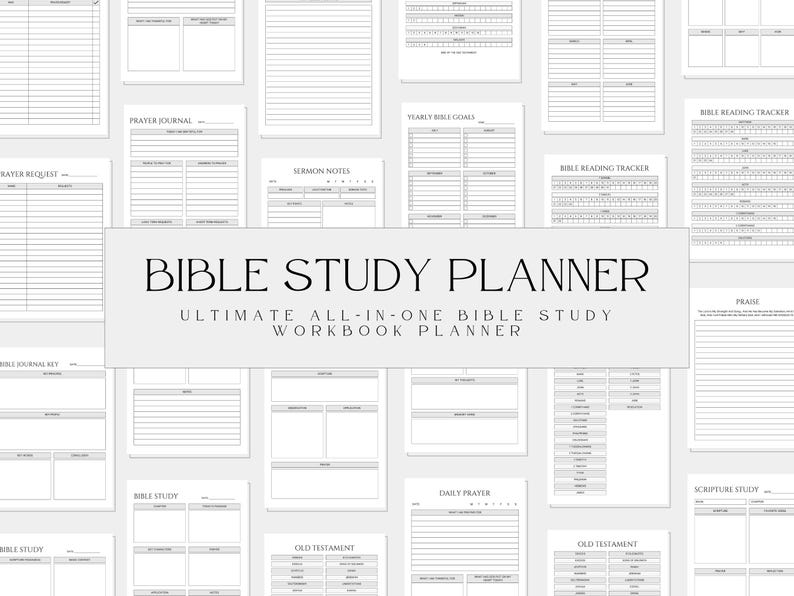 May include: A black and white printable Bible study planner with the text "Bible Study Planner" and "Ultimate All-in-One Bible Study Workbook Planner".