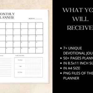Op de afbeelding: Een zwart-witte printbare maandelijkse planner met een kalenderrooster, een gewoontetracker en een notitiegedeelte. De planner is 8,5 x 11 inch groot en bevat meer dan 50 pagina's. De tekst "WHAT YOU WILL RECEIVE" staat in de rechterbovenhoek van de afbeelding. De tekst eronder somt de kenmerken van de planner op, waaronder 7+ unieke devotionele dagboeken, meer dan 50 pagina's, formaat 8,5 x 11 inch, A4-formaat en PNG-bestanden van de planner.
