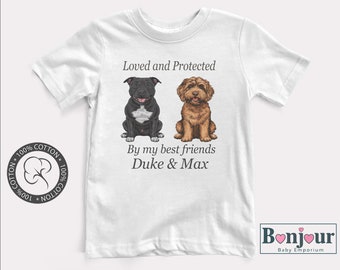 Custom Dog Onesie, Personalized Pet Name, Breed Specific T-Shirt, Baby Shower Gift, New Born Gift, "Loved and Protected By"