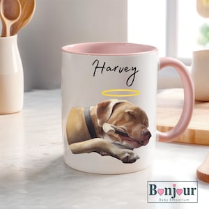 Personalisierte Haustier-Gedenk-Tasse: Aquarell Hundeportrait, Regenbogen-Brücken-Erinnerung