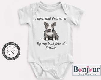 Custom Dog Onesie, Personalized Pet Name, Breed Specific T-Shirt, Baby Shower Gift, New Born Gift, "Loved and Protected By"