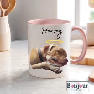 Personalisierte Haustier-Gedenk-Tasse: Aquarell Hundeportrait, Regenbogen-Brücken-Erinnerung
