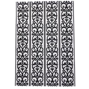 May include: Black and white patterned fabric with a repeating design of stylized hearts and swirls.