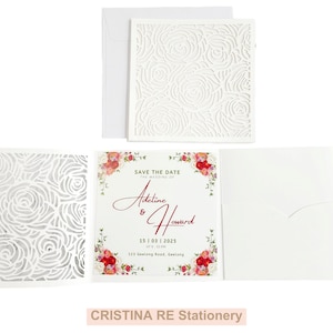 Lasercut Wedding Invitation Pocket Square Invitation Wallet Rose Cristina Re DIY Invitation Wallet White Flower 2 Fold Laser Cut Card Wallet