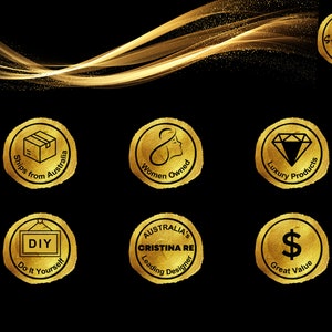 May include: Gold-colored seals with black text on a black background. The seals feature various icons and text, including "Ships from Australia", "Women Owned", "Luxury Products", "DIY Do It Yourself", "AUSTRALIA'S CRISTINA RE Leading Designer", "$ Great Value", and "PREMIUM Stationery CLUB".