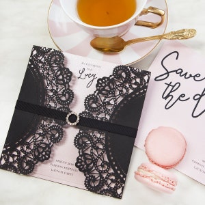 Lot de 5 napperons carrés ébène découpés au laser avec pochette pour faire-part de mariage avec enveloppe Cristina Re, bricolage de luxe, portefeuille d'invitation, noir