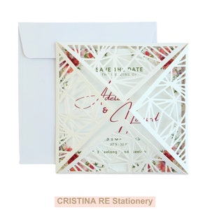 Faire-part de mariage carré blanc quartz découpé au laser, portefeuille blanc, faire-part de mariage Cristina Re, blanc, faire-part de mariage de qualité supérieure