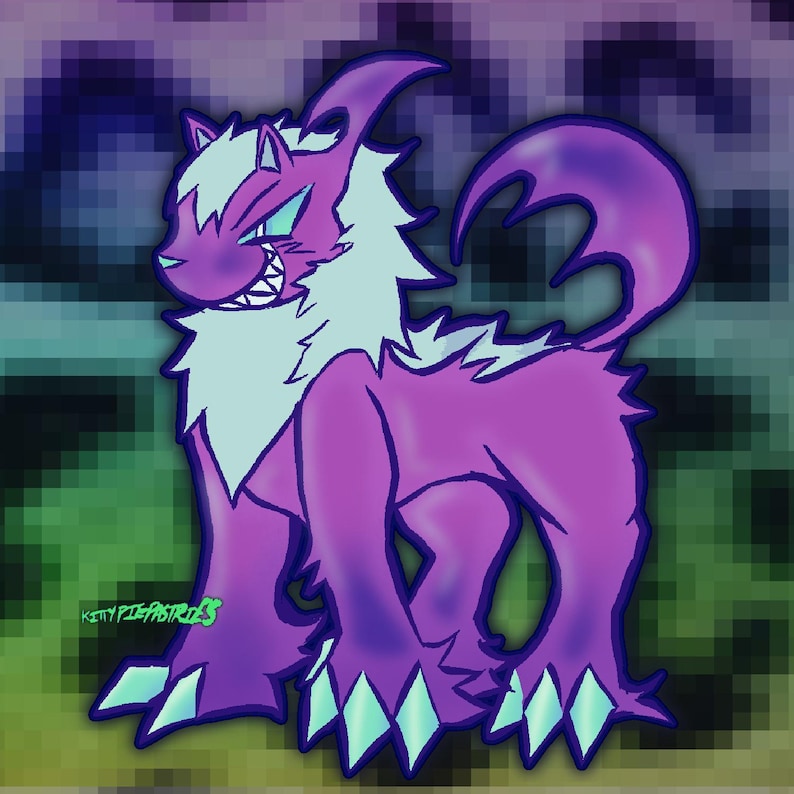 May include: A digital illustration of a purple creature with a wolf-like appearance. It has a white mane, teal eyes, and diamond-shaped accents on its paws. The background is a pixelated blend of purple, green, and blue.