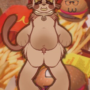 May include: A cartoon illustration of a cat-like character with a hamburger bun hat and burger-themed accessories. The character is brown with a small collar and a tail. The background features burgers, fries, and mustard packets.