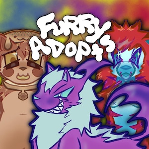 May include: Illustration featuring the text "Furry Adopts" in white, with a colorful background. The image showcases several stylized anthropomorphic animal characters in shades of purple, red, and brown, each with unique features and expressions.