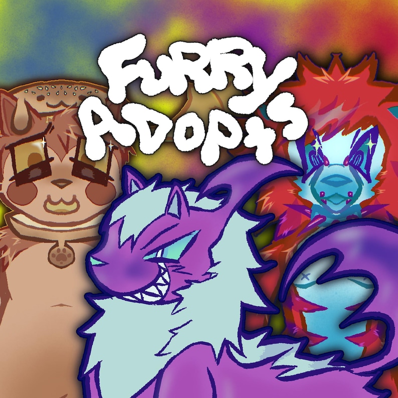 May include: Illustration featuring the text "Furry Adopts" in white, with a colorful background. The image showcases several stylized anthropomorphic animal characters in shades of purple, red, and brown, each with unique features and expressions.