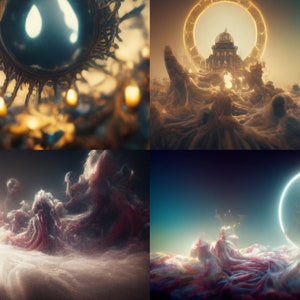 May include: A digital art collage featuring four different scenes with a surreal, dreamlike aesthetic. Each scene features a glowing orb, a golden structure, and a landscape of swirling, ethereal clouds.