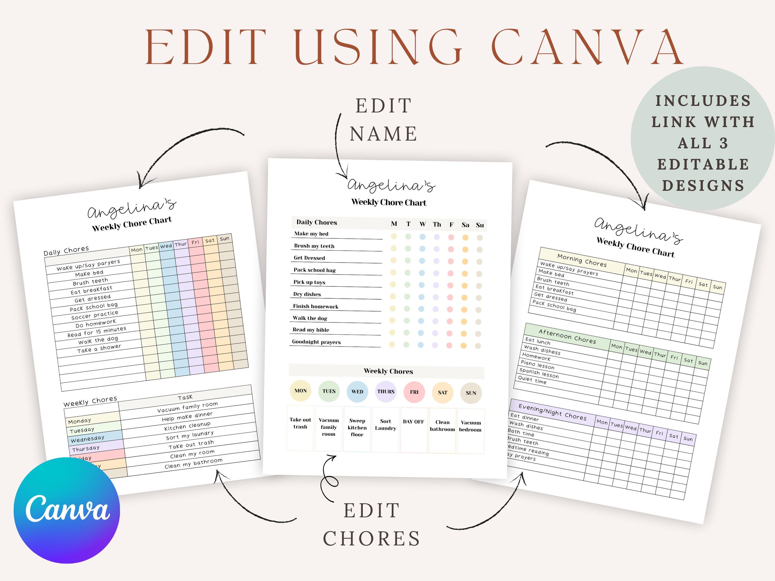 Editable Weekly Kids Chore Chart Bundle | Canva Routine Tracker ...