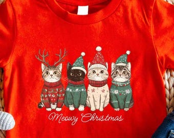Meowy Christmas Toddler T-Shirt, Cute Holiday Cat Kids Shirt, Funny Christmas Cat Shirt, Cats in Christmas Shirt, Cat Lover Holiday Shirt