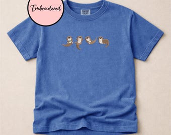 Comfort Colors Embroidered Otter T-Shirt, Sea Otter Holding Shell Tee, Animal Lover Gift, River Otter Shirt, Floating Otter Embroidery Tee