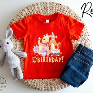 May include: A red t-shirt featuring a graphic of Winnie the Pooh, Tigger, and Piglet celebrating a birthday, with the text "It's my birthday!". The shirt is paired with blue jeans and a gray stuffed bunny.