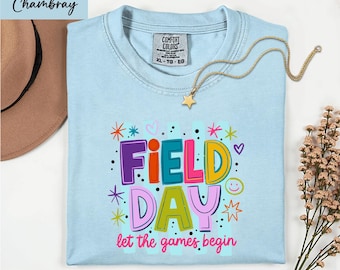 Comfort Colors Striped Neon Field Day Let The Games Begin T-Shirt, Colorful School Shirt, Field Day Top, School Trip Field Day Shirt