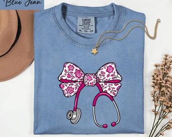 Nurse Floral Pink Bow Comfort Colors T-Shirt, Cute RN Stethoscope with Pink Floral Bow Shirt, Medical Nurse Sweatshirt, Nurse Gift