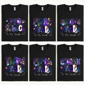 May include: Black t-shirts with colorful grade level designs. Each shirt features a grade level, an astronaut, and the name "Mr. Smith." The grades include Preschool, First, Second, Third, Fourth, and Fifth Grade.