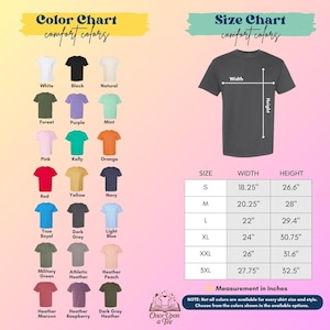 The image is a color chart and size chart for a t-shirt, providing a visual representation of different color options and corresponding measurements for various shirt sizes.
