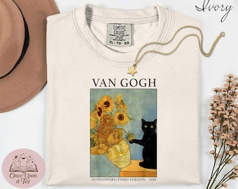 Comfort Colors® Van Gogh Sonnenblumen & schwarze Katze T-Shirt, Van Gogh Sonnenblumen Katzen Shirt, lustiges Katzen Shirt, schwarze Katze Shirt, Katzen Liebhaber Geschenk