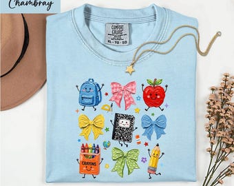 Comfort Colors® Cute School Bow Supplies T-Shirt, Backpack Pencils Teacher Sweatshirt, Gift for Teacher, Back to School Shirt