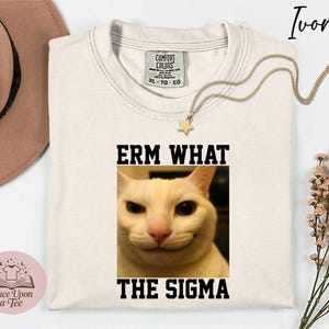 May include: Ivory-colored t-shirt with the text "ERM WHAT THE SIGMA" and a picture of a white cat. A gold necklace with a star pendant is draped across the shirt. The shirt is from the brand Comfort Colors.
